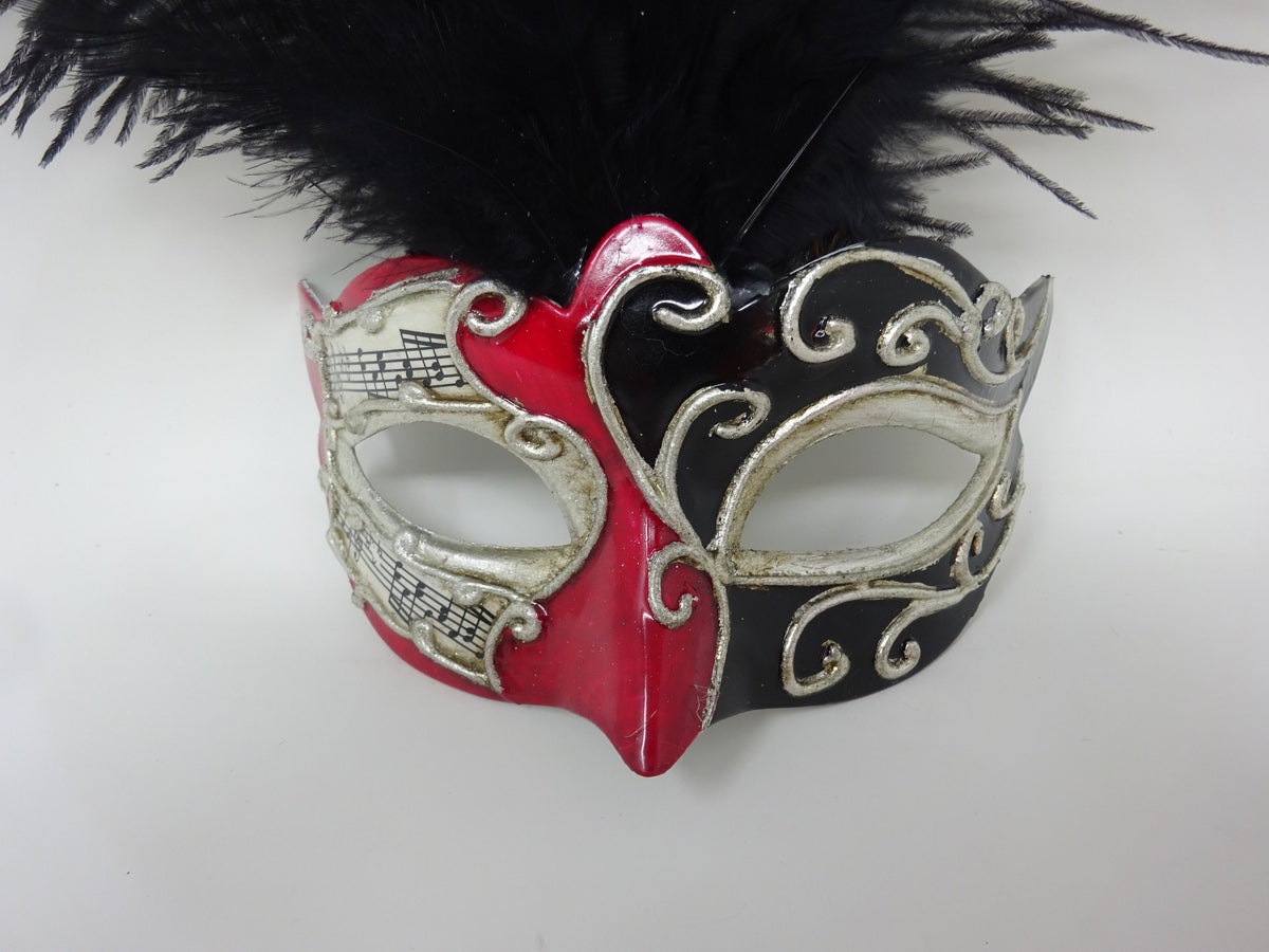 Ladies Red, Black and Silver Musical Masquerade Mask for Masked Ball with Layered Long Black Feathers