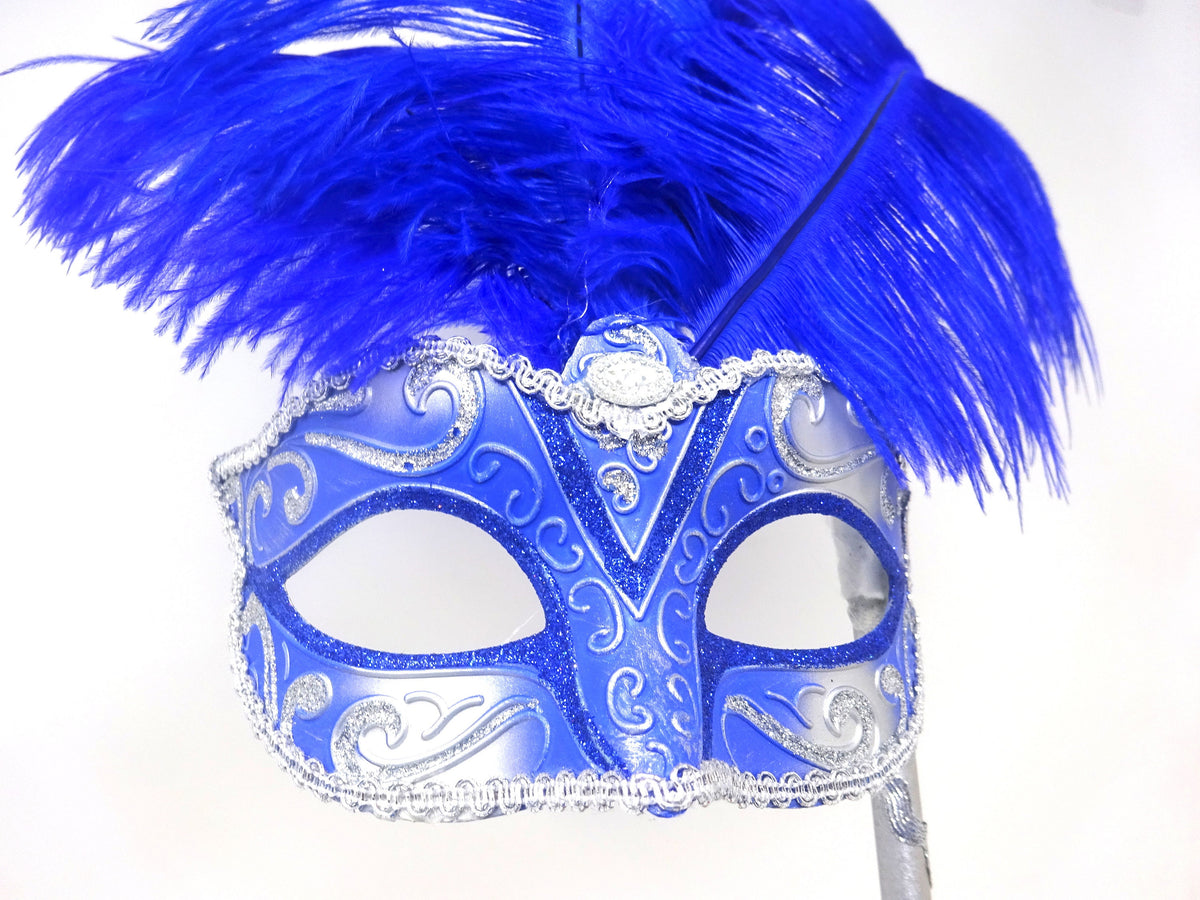 Blue and Silver Tall Feather Masquerade Party Carnival Ball Mask with Centre Jewel