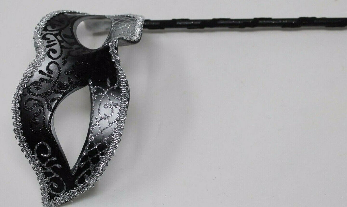 Black and Silver Venetian Masquerade Mask Hand Held on a Stick