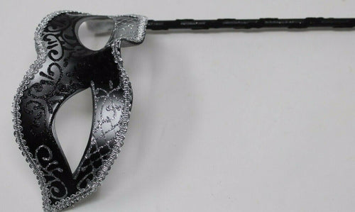 Black and Silver Venetian Masquerade Mask Hand Held on a Stick