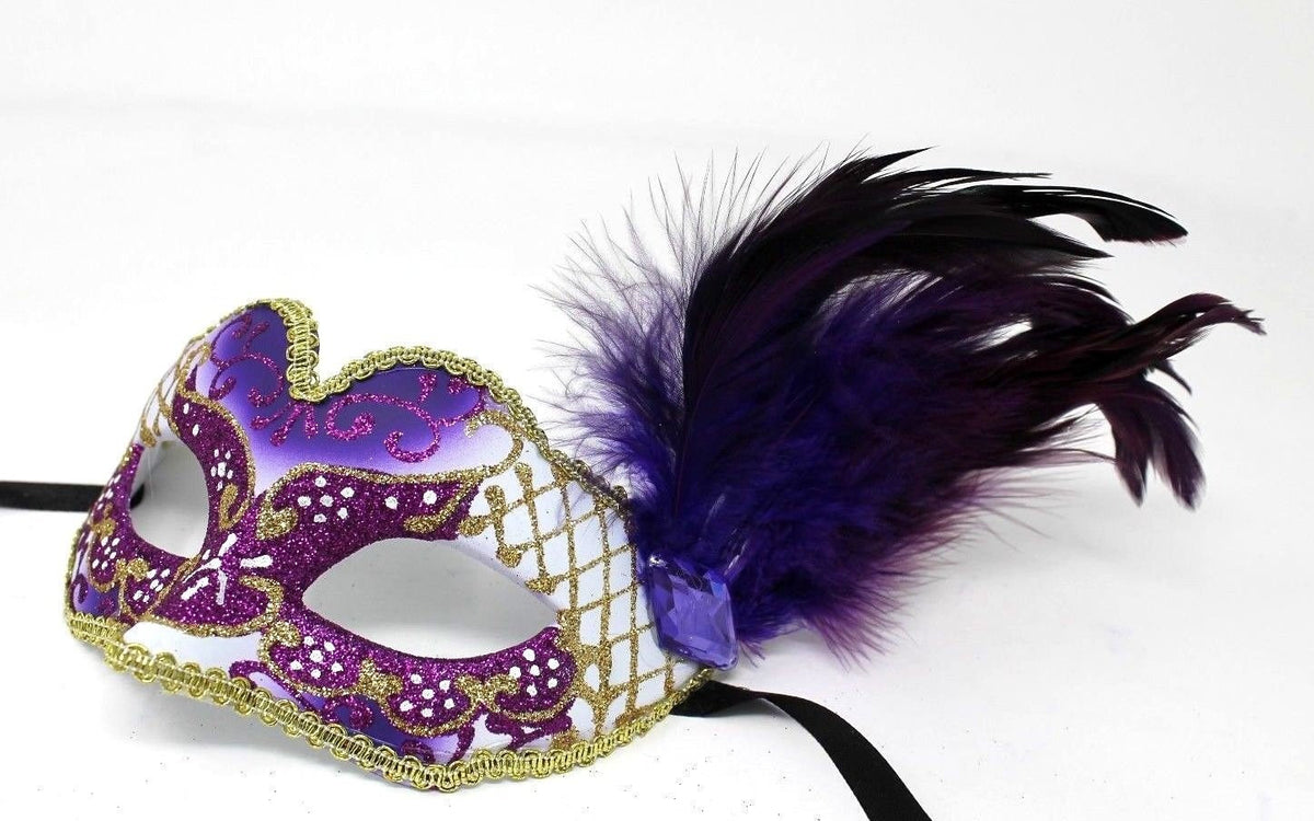 Purple and Gold Masquerade Mask with Side Feather