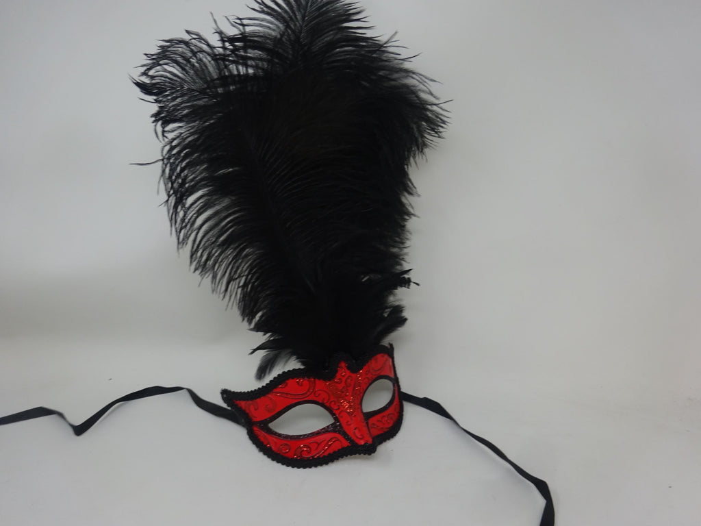 Red and Black Masquerade Eye Mask with Long Feathers for Party Prom Masked Ball