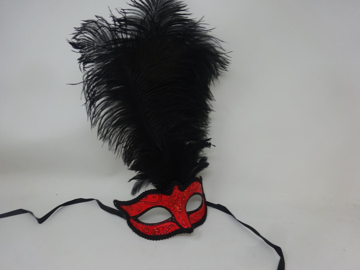 Red and Black Masquerade Eye Mask with Long Feathers for Party Prom Masked Ball
