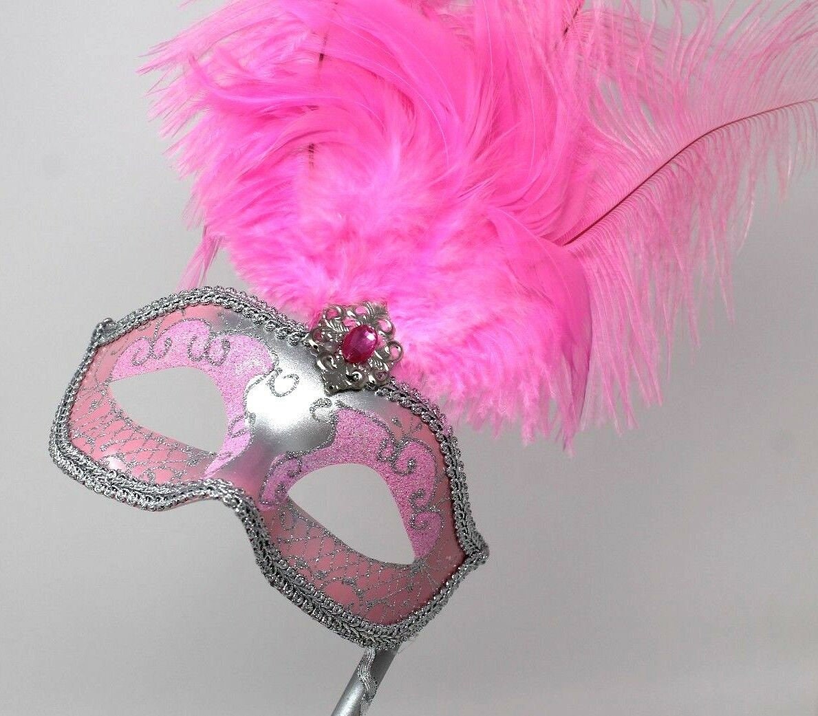 Baby Pink and Silver Feather Masquerade Mask on a Gold Stick