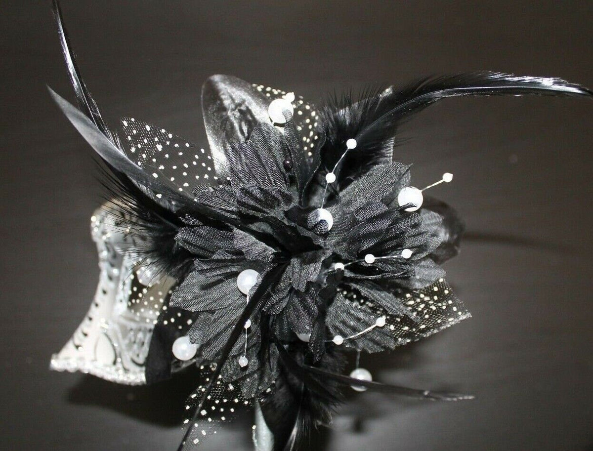 Stunning Black and Silver Venetian Masquerade Prom Ball Party Eye Mask with a Flower on a Silver Stick with Clear Jewels