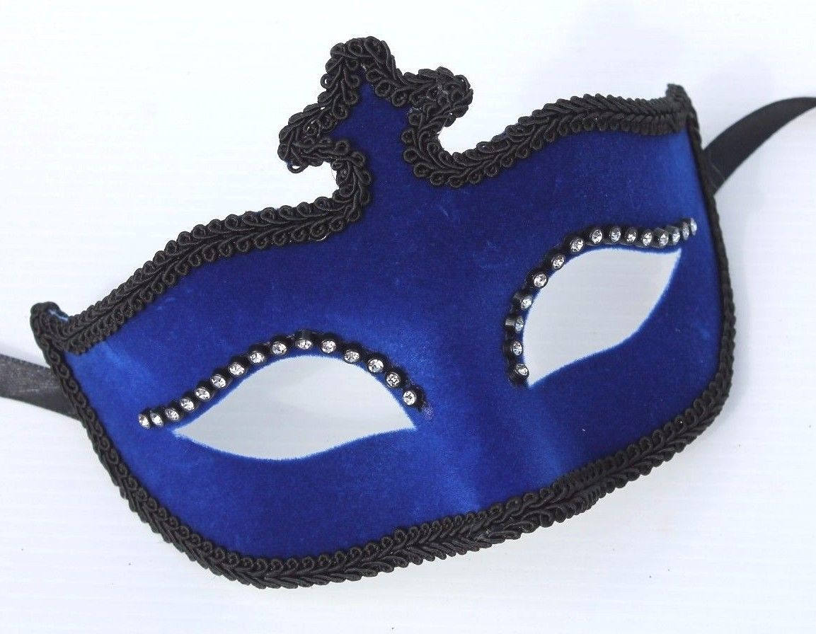 Blue Velour and Diamonte Masquerade Mask
