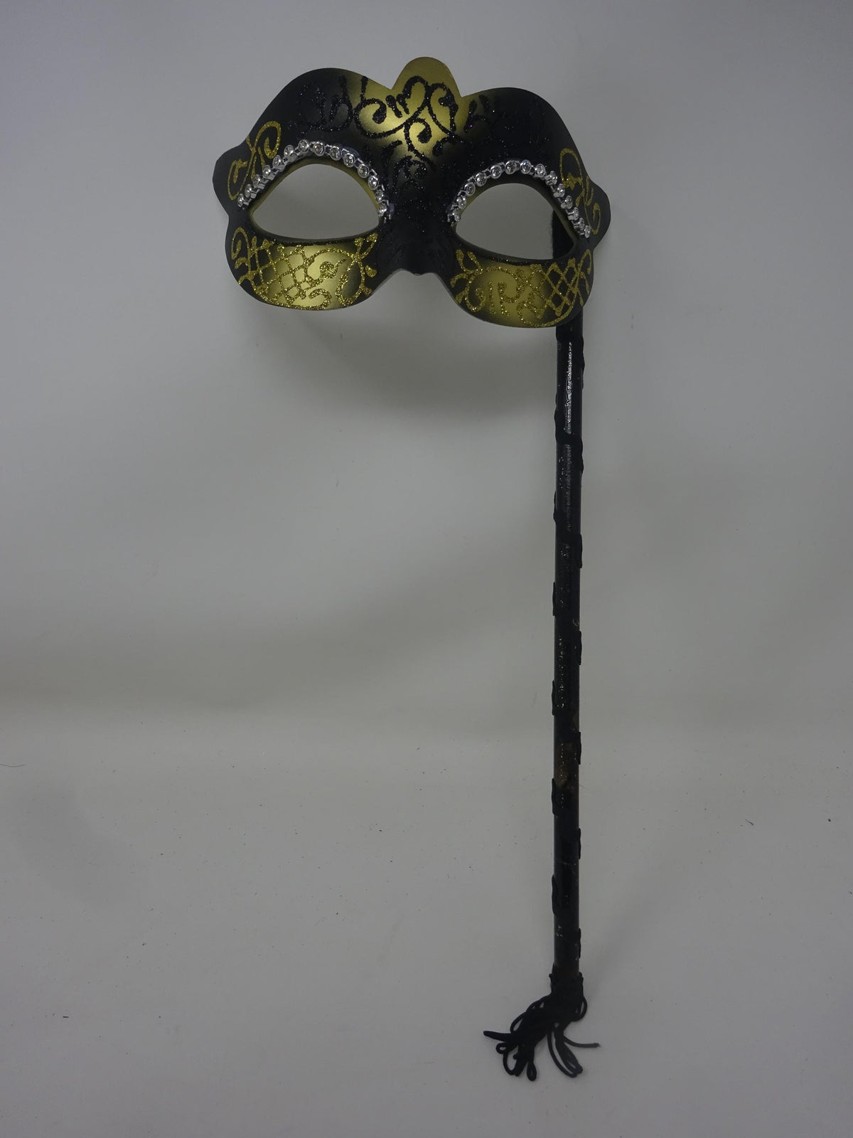Hand Held Ladies Jewelled Glittering Black and Gold Masquerade Prom Party Ball Carnival Mask on a Stick
