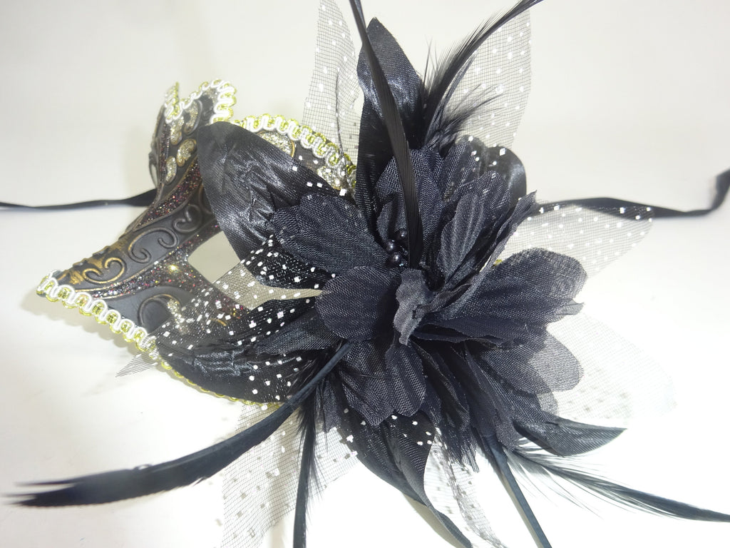 Black, Bronze, Gold and Silver Masquerade Mask with Flower