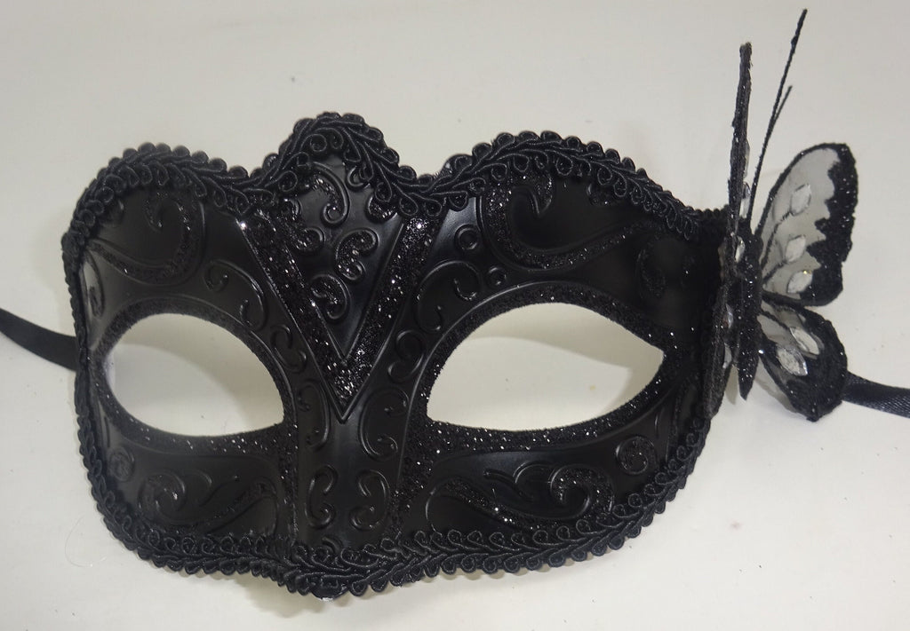 Black Venetian Masquerade Ball Party Carnival Mask with Black Butterfly Details