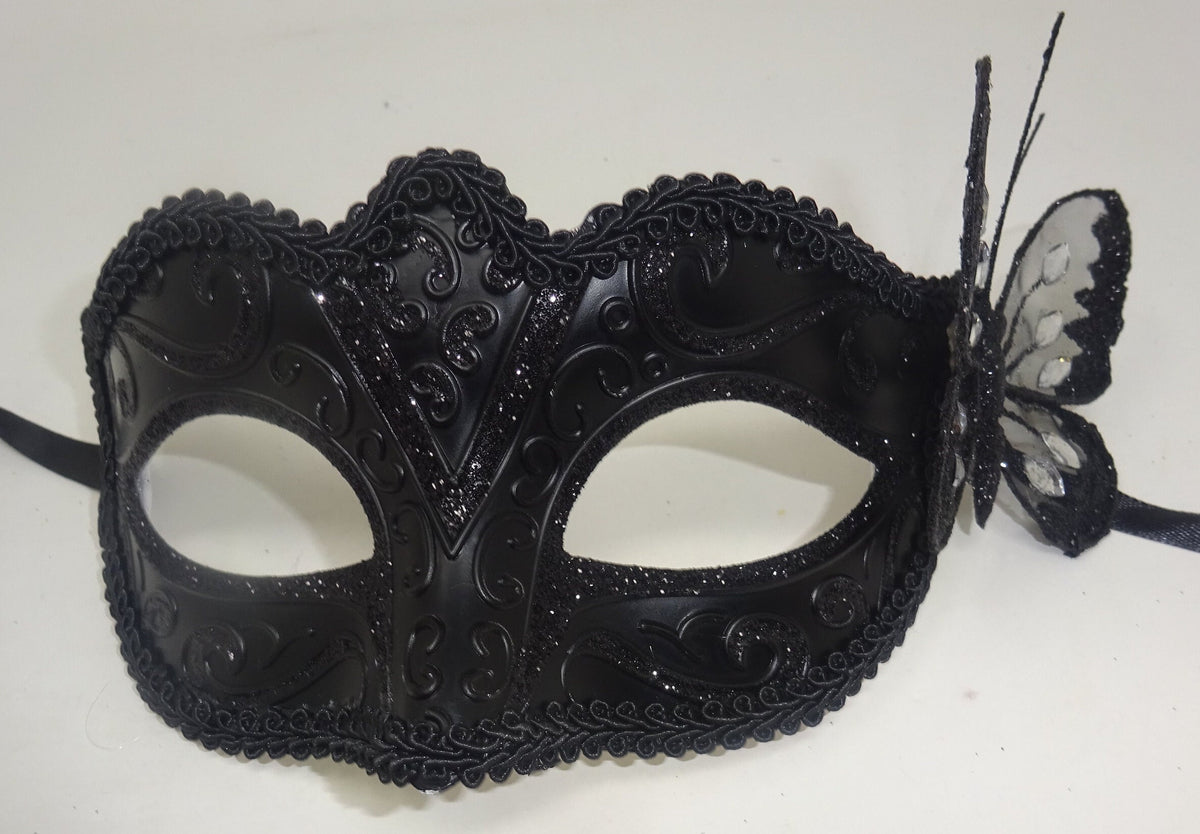 Black Venetian Masquerade Ball Party Carnival Mask with Black Butterfly Details