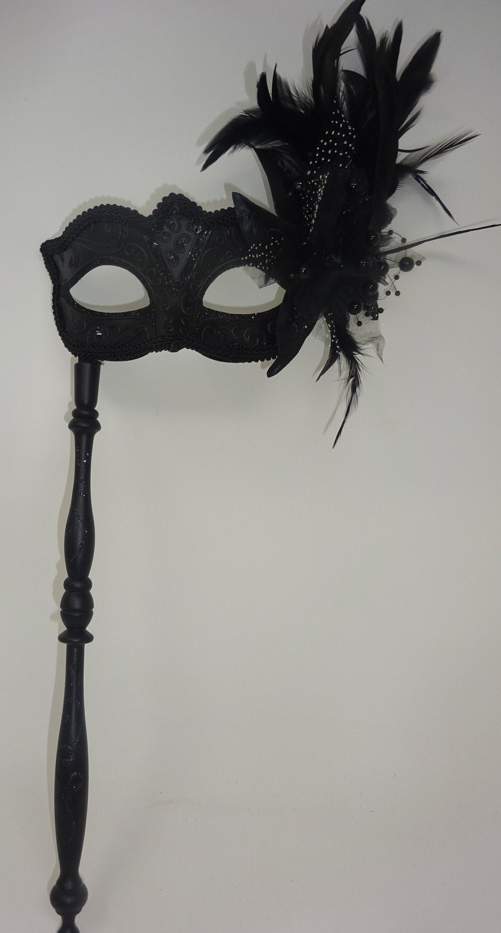 Black Masquerade Mask with Flower for Masked Ball Carnival Party Halloween Hand Held on an Elaborate Stick