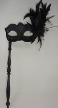 Black Masquerade Mask with Flower for Masked Ball Carnival Party Halloween Hand Held on an Elaborate Stick
