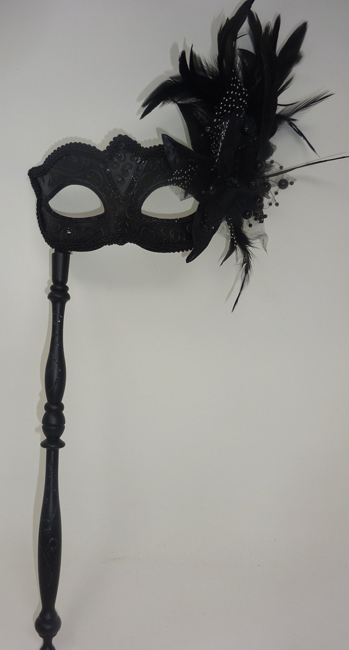 Black Masquerade Mask with Flower for Masked Ball Carnival Party Halloween Hand Held on an Elaborate Stick