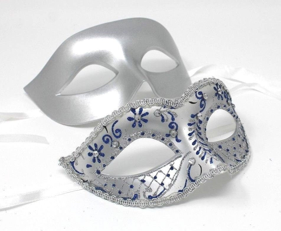 Blue and Silver His and Hers Couple Masquerade Masks