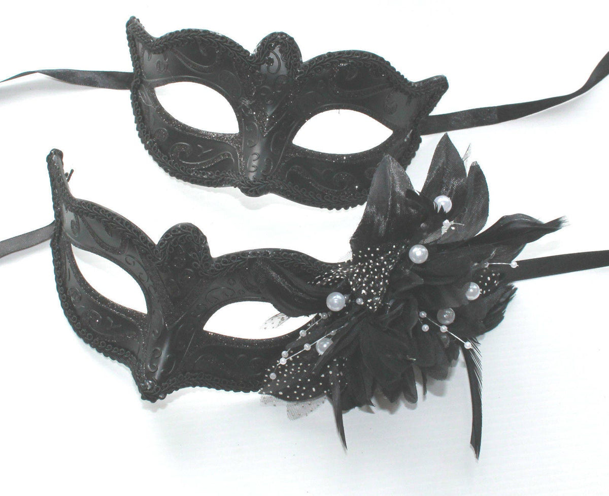 Black Pair of Male and Female Flower and Pearl Masquerade Masks