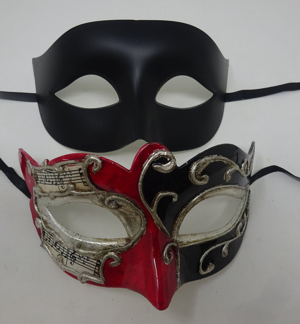 Musical Script Red Silver and Black His and Hers Couples Pair of Masquerade Masks