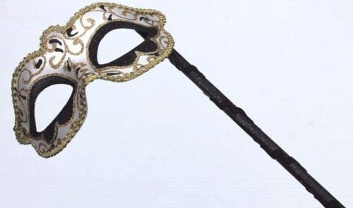 Hand Held Glittering Black White and Gold Masquerade Ball Party Prom Carnival Mask on a Black Stick