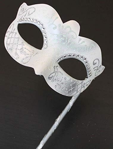 Ladies White and Silver Masquerade Party Carnival Ball Mask Hand Held on a Wooden Stick