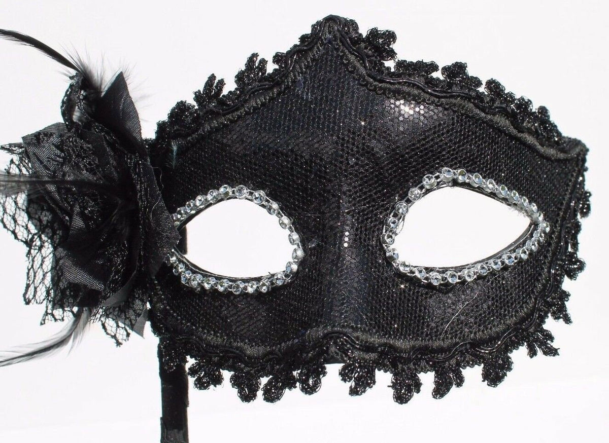 Stunning Sparkling Black Masquerade Mask with Diamontes and Flower on a Black Stick