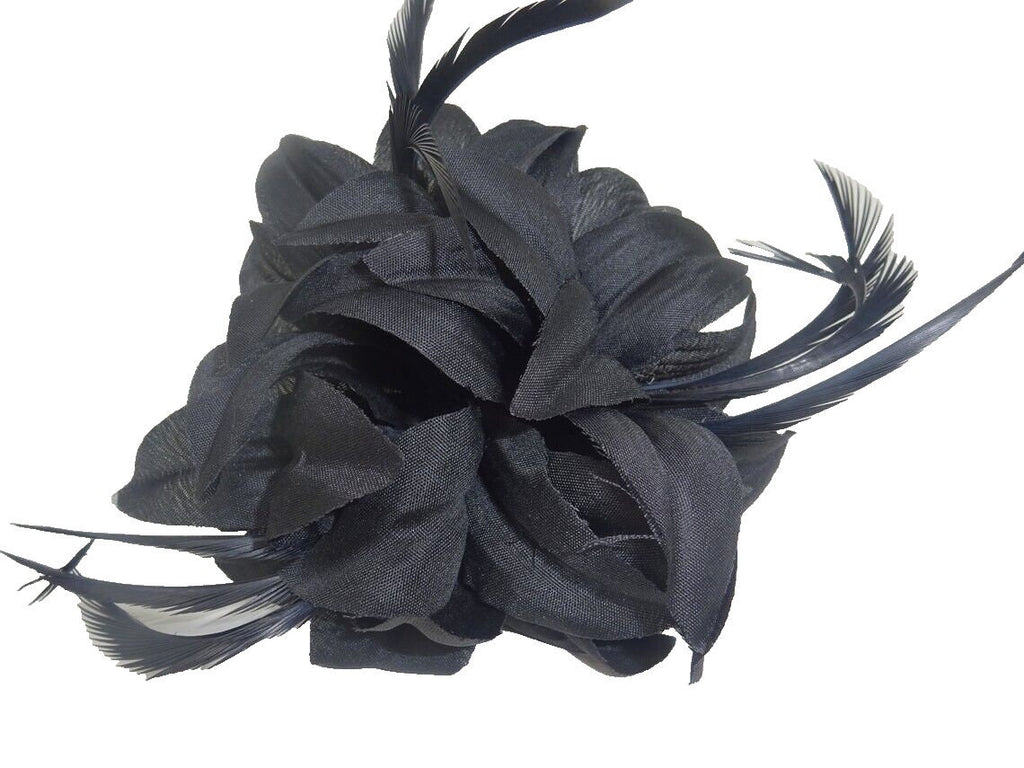 Hair Fascinator Corsage and Brooch Black with Fabric Petals and Slim Feathers Clip & Pin Fastening