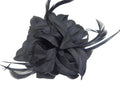 Hair Fascinator Corsage and Brooch Black with Fabric Petals and Slim Feathers Clip & Pin Fastening