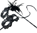 Couples Masks Black and Silver Rialto Masquerade Mask with Flower for Masked Ball Carnival Party Halloween Hand Held on a Wooden Stick