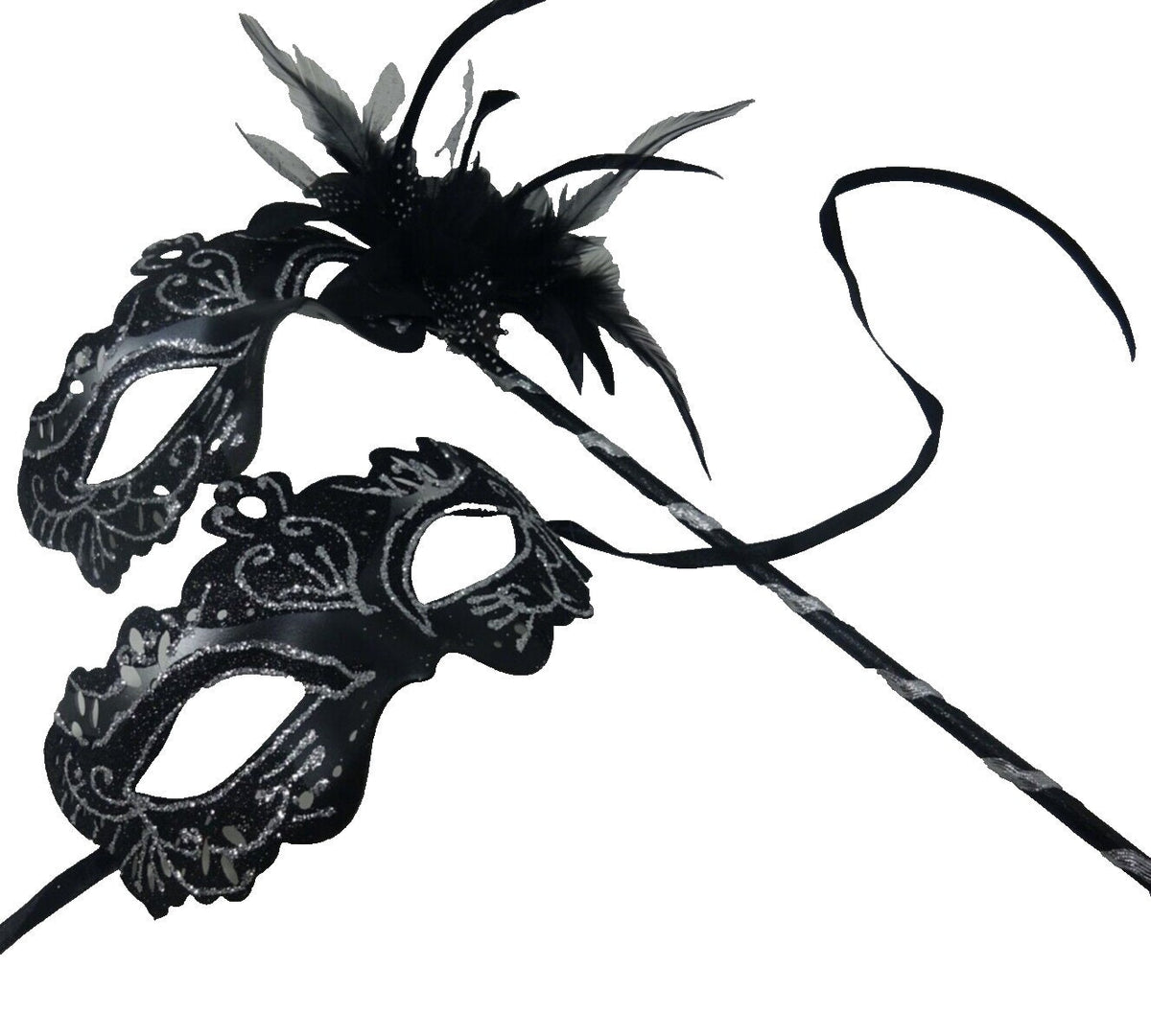 Couples Masks Black and Silver Rialto Masquerade Mask with Flower for Masked Ball Carnival Party Halloween Hand Held on a Wooden Stick