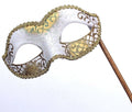 White and Gold Masquerade Mask on a Gold Stick