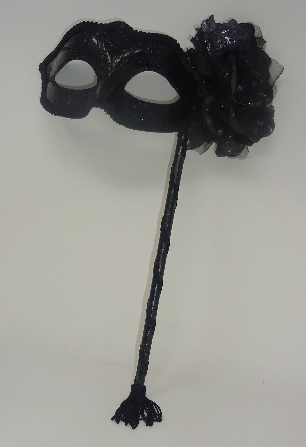 Black Masquerade Ball Carnival Party Mask on a Stick with Silver Sheen Rose Flower Detail Hand Held