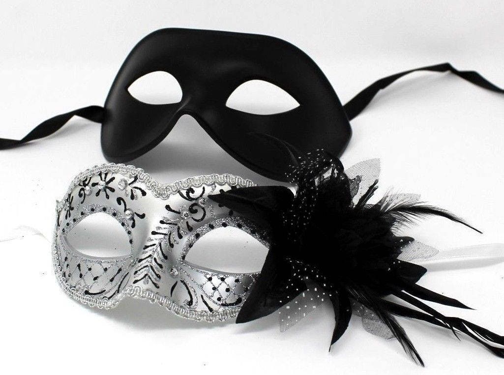 His and Hers Couples Masquerade Masks in Black and Silver Design with Flower