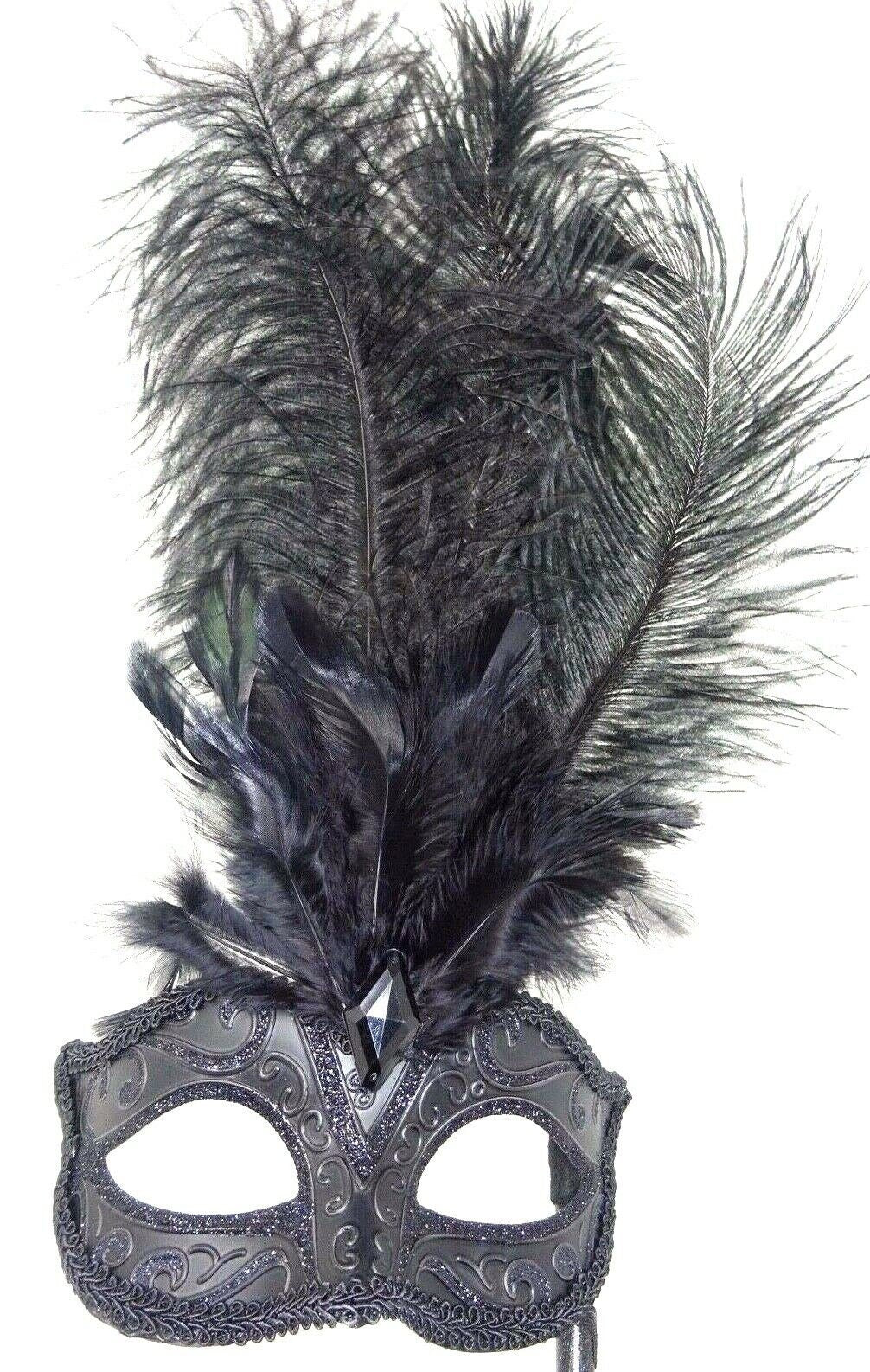 Stunning Black Masquerade Mask with Long Feathers Hand Held on a Stick