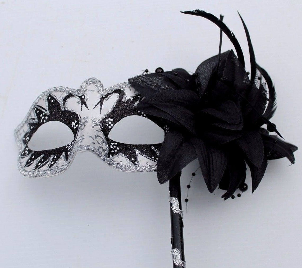 White and Black Swan Lake Mask on Stick with Flower