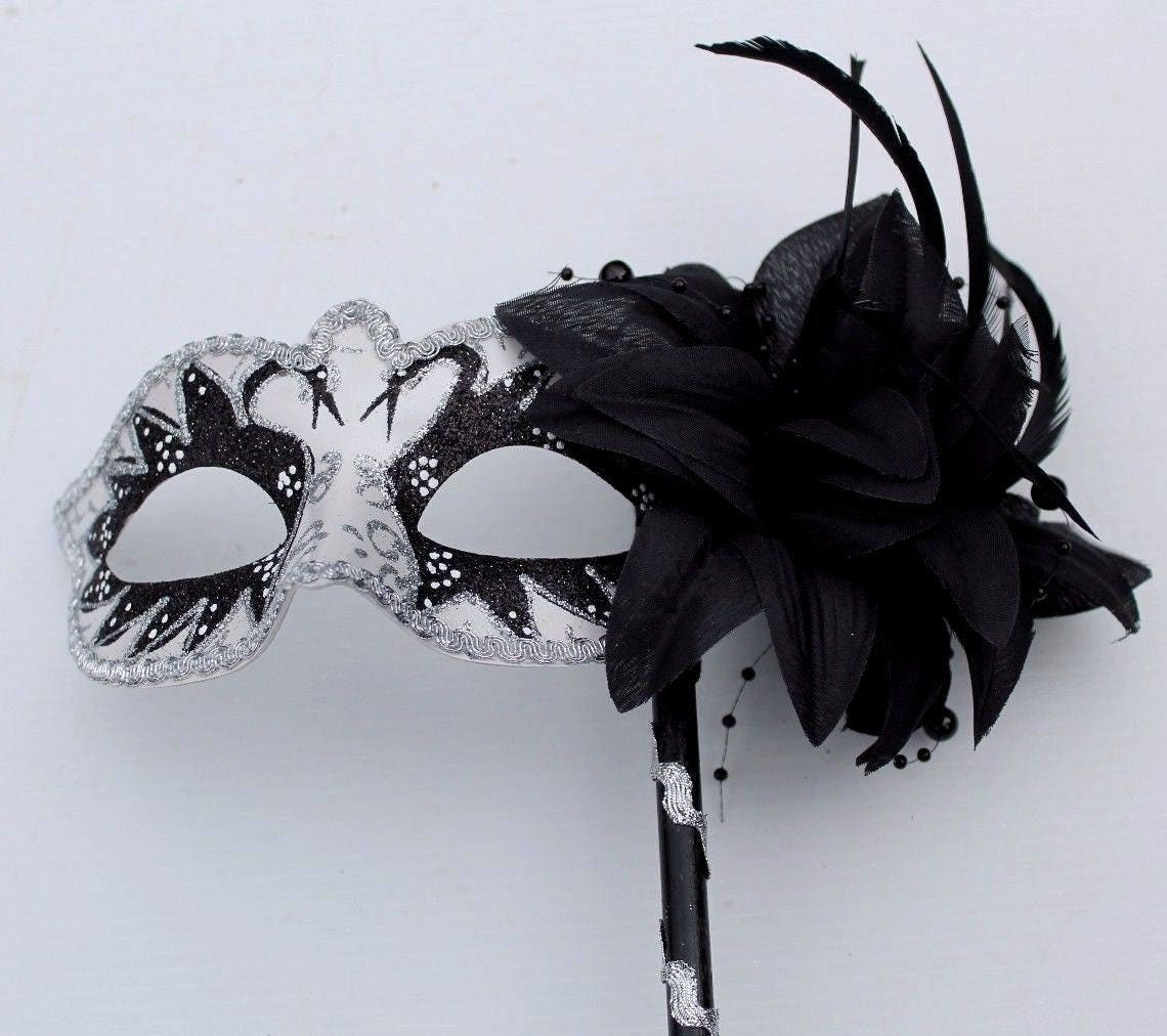 White and Black Swan Lake Mask on Stick with Flower