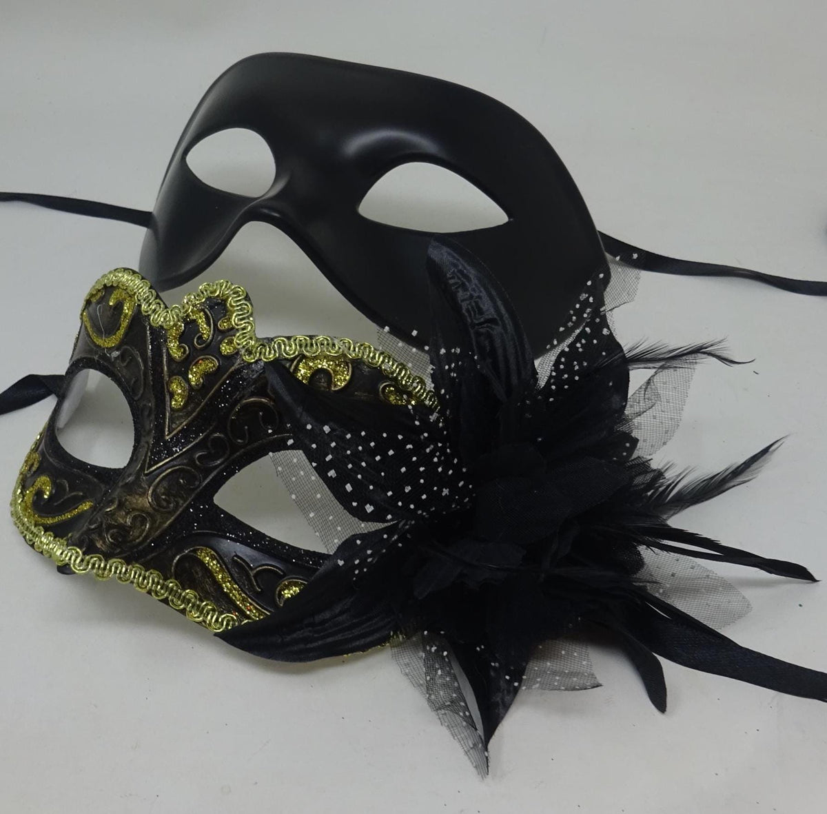 Couples His and Hers Masquerade Masks in Gold, Black and Bronze with Flower Detail