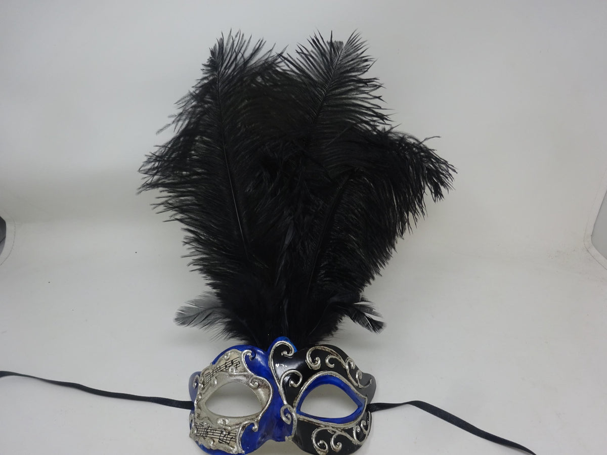 Blue Silver & Black Venetian Masquerade Ball Party Eye Musical Script Mask Long Black Feathers