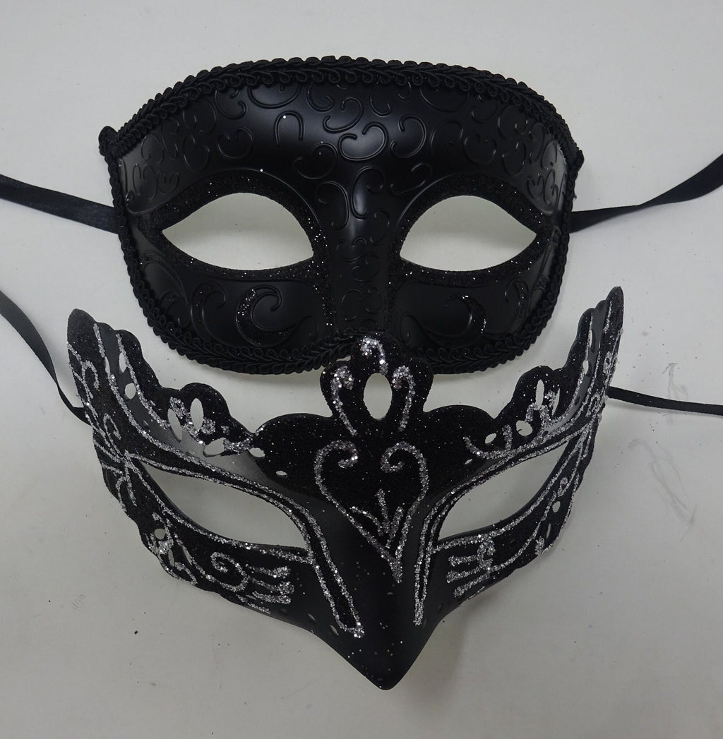 Black and Silver Pair of Male and Female Couples Masquerade Party Ball Prom Masks