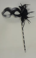 Black and Silver Rialto Masquerade Mask with Flower for Masked Ball Carnival Party Halloween Hand Held on a Wooden Stick