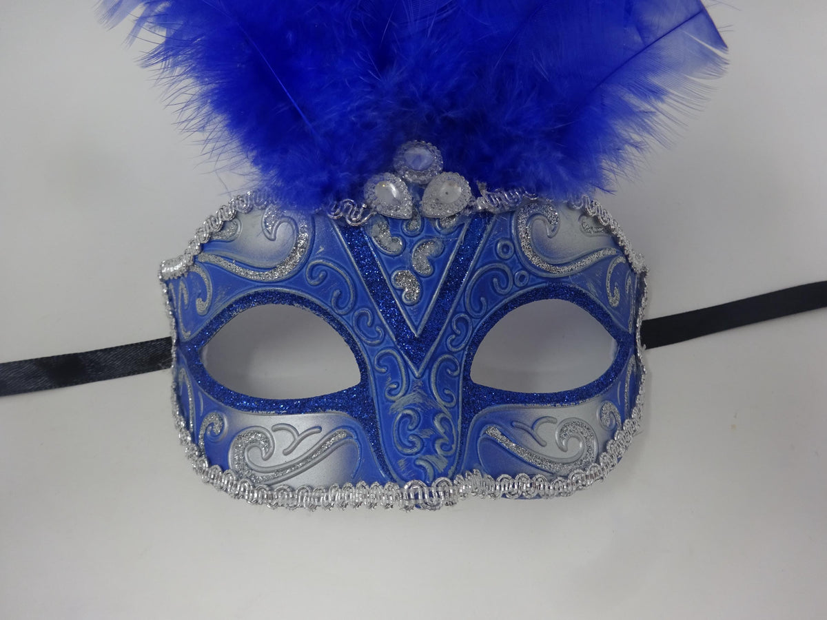 Stunning Blue and Silver Long Feather Masquerade Mask with Diamonds