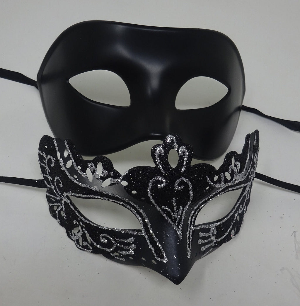Black and Silver Pair of Male and Female Couples Masquerade Party Ball Prom Masks