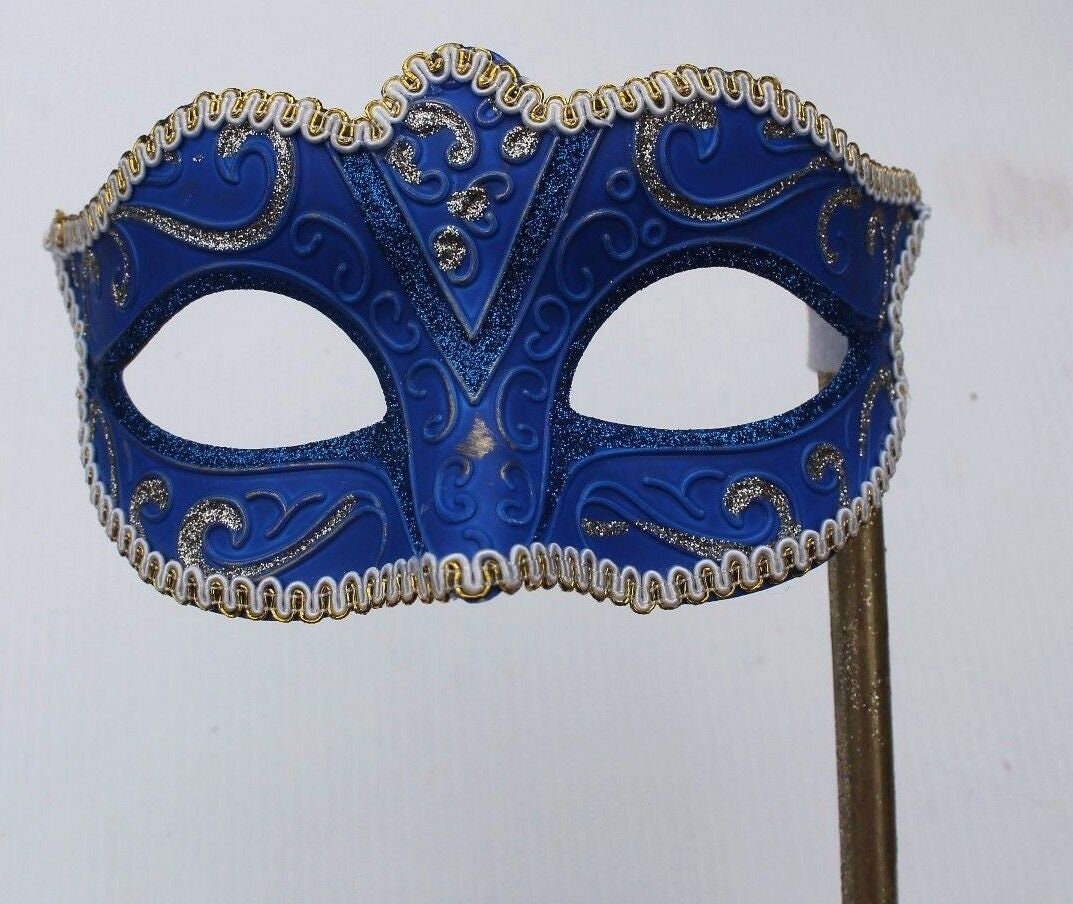 Blue and Gold Venetian Masquerade Party Carnival Eye Mask on a Gold Stick