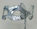 Blue and Silver Jewelled Party Masquerade Wedding Bridal ball Eye Mask on Stick with a Butterfly
