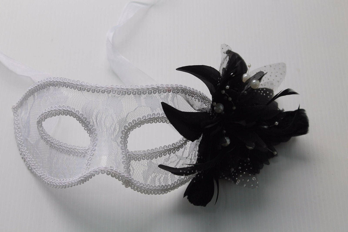 White Lace & Pearl Masquerade Mask with Flower