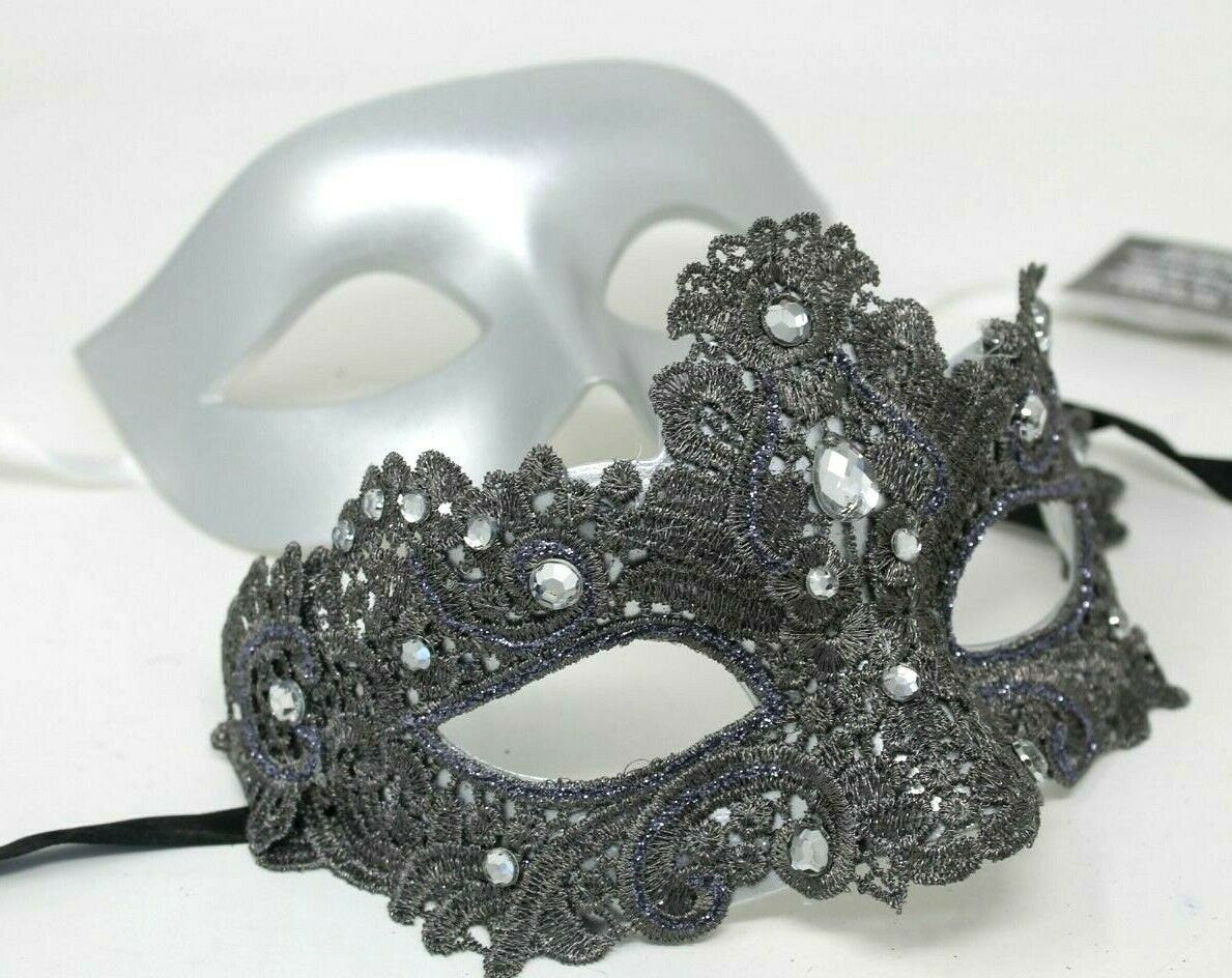 Silver Lace Brocade Couples Masquerade Masks