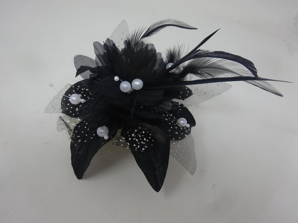 Black Flower Wrist Corsage on Beaded Bracelet with Fabric Flower with Feathers Beads and Spotted Organza