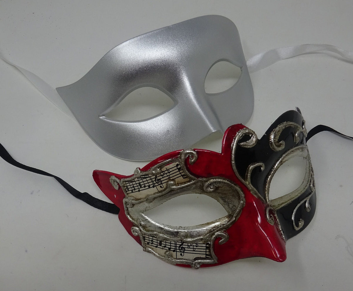 Musical Script Red Silver and Black His and Hers Couples Pair of Masquerade Masks