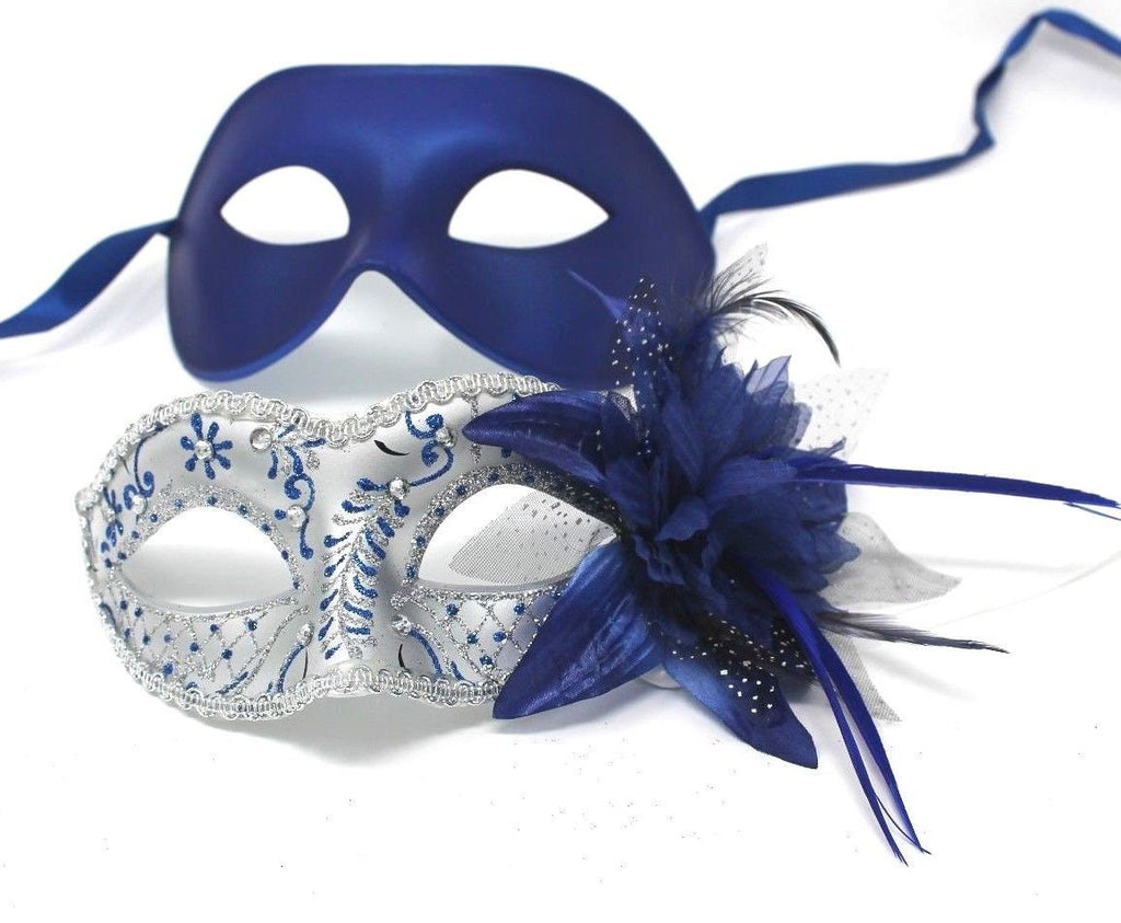 Blue and Silver Flower His and Hers Couple Masquerade Masks
