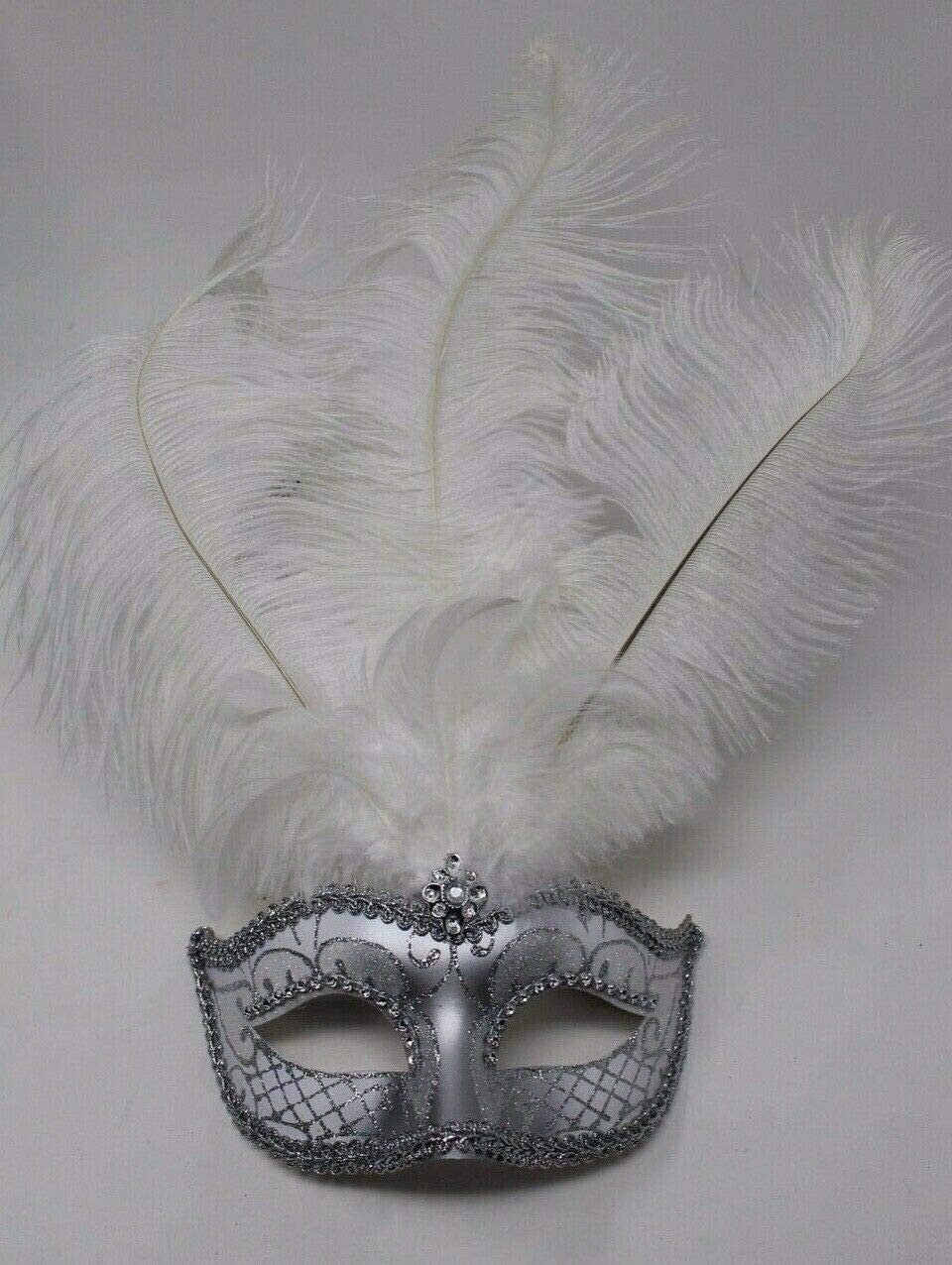 Ladies Stunning White and Silver Feather Masquerade Mask