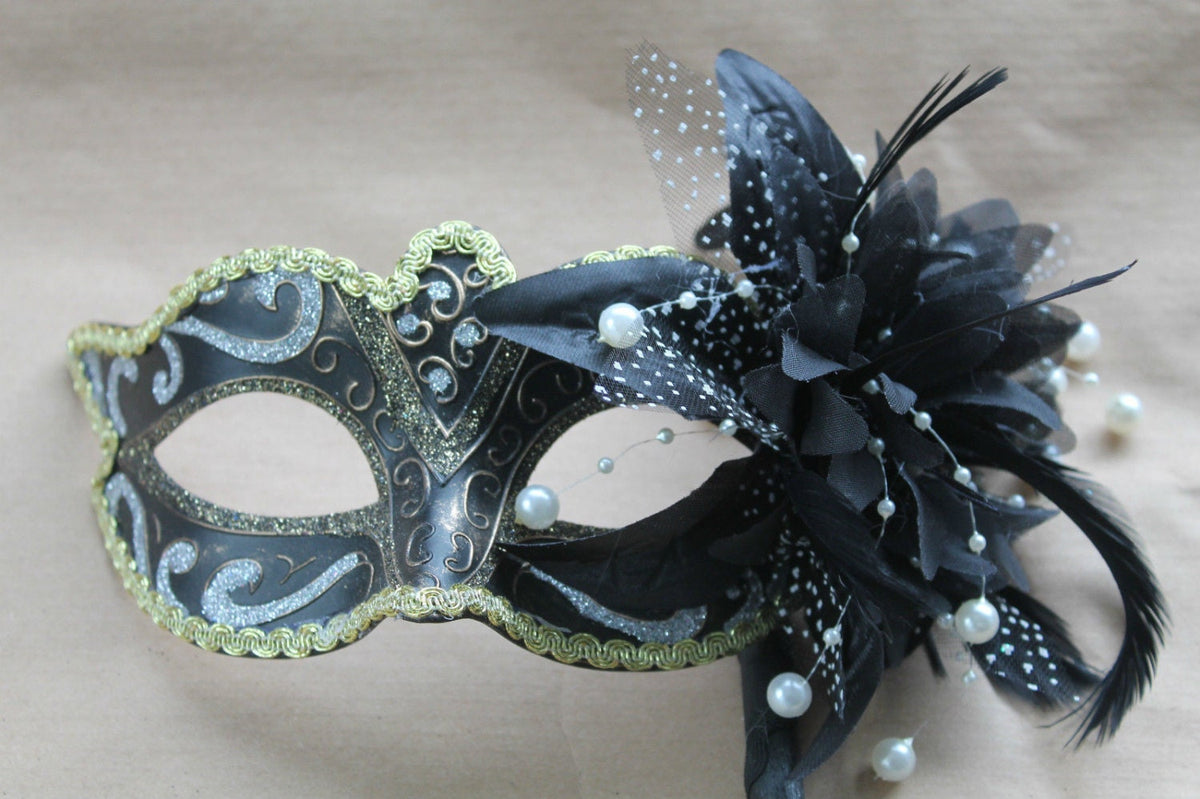 Stunning Black, Bronze Silver and Gold Masquerade Mask on a Black Stick with Flower and Pearl Detail