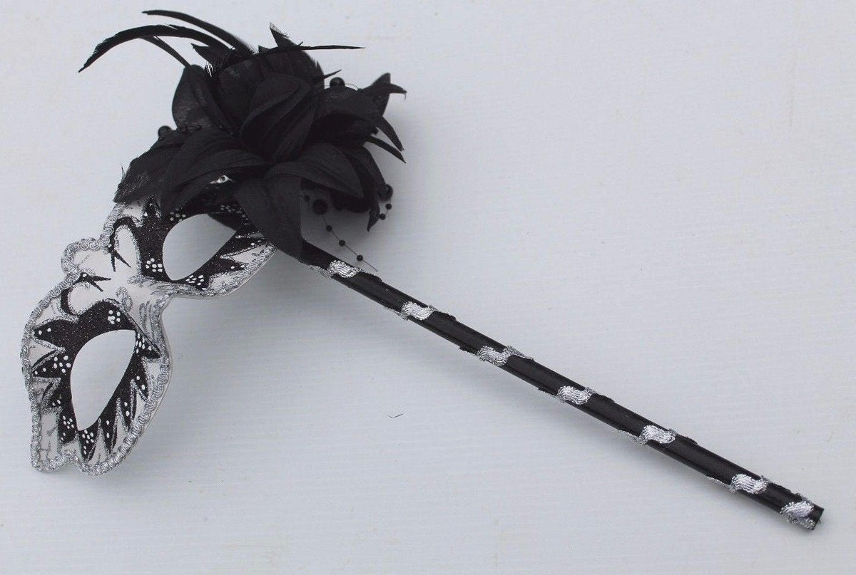 White and Black Swan Lake Mask on Stick with Flower