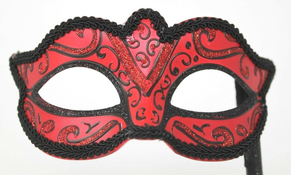 Red and Black Masquerade Mask on a Black Stick
